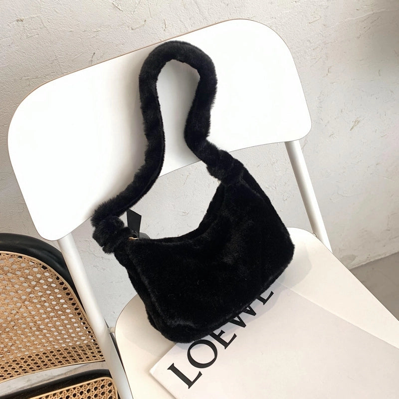 Korean Style Autumn And Winter Mao Solid Color Mini Bag Casual Fashion Internet Popular Underarm Women's Bag Fashionable Western Style Plush Handbag