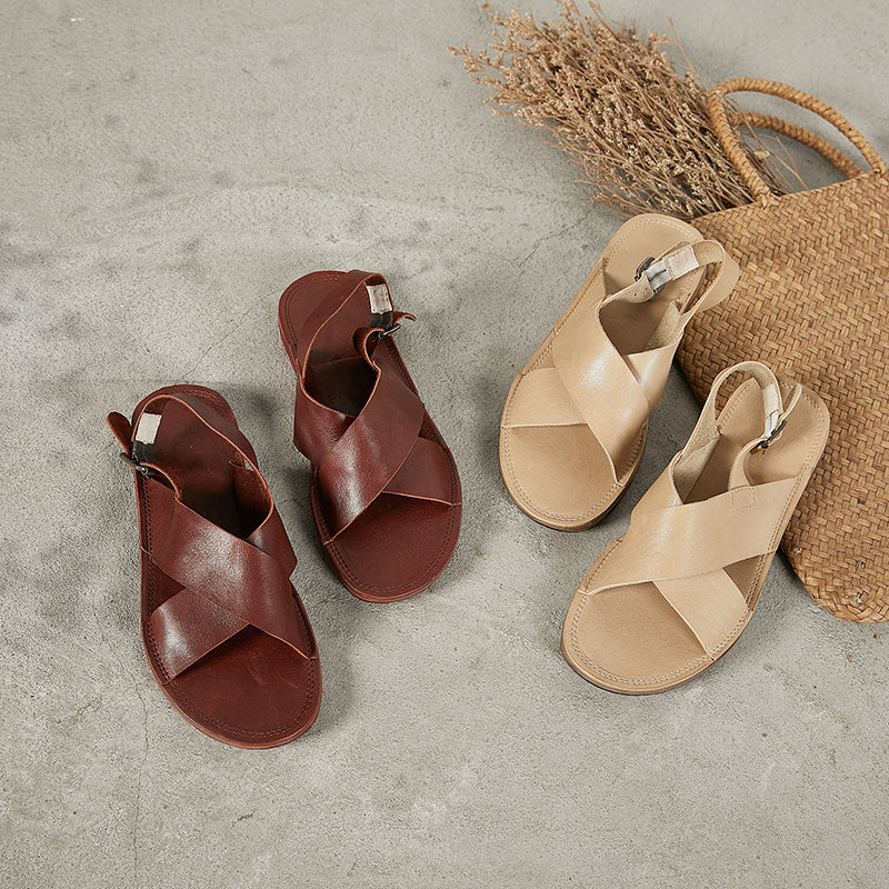 Genuine Leather X-Strap Peep Toe Slingback Flat Sandals Gladiator Style for Summer in Coffee/Khaki
