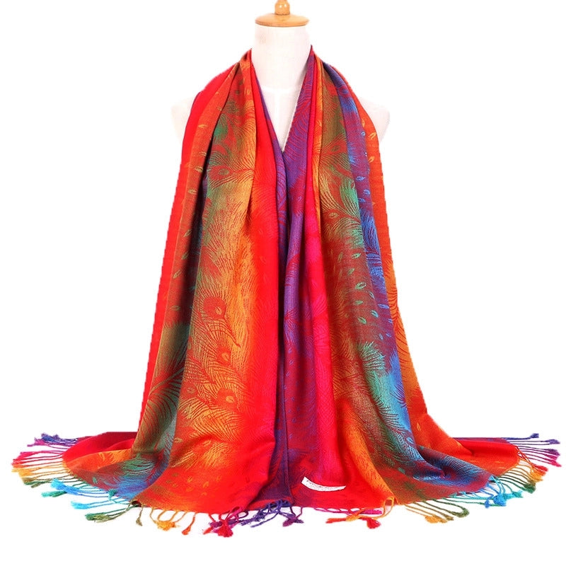 Ethnic Style Women's Vintage Jacquard Scarf Jacquard Cotton Feather Travel Spring And Autumn Long Shawl Warm Air Conditioning D01