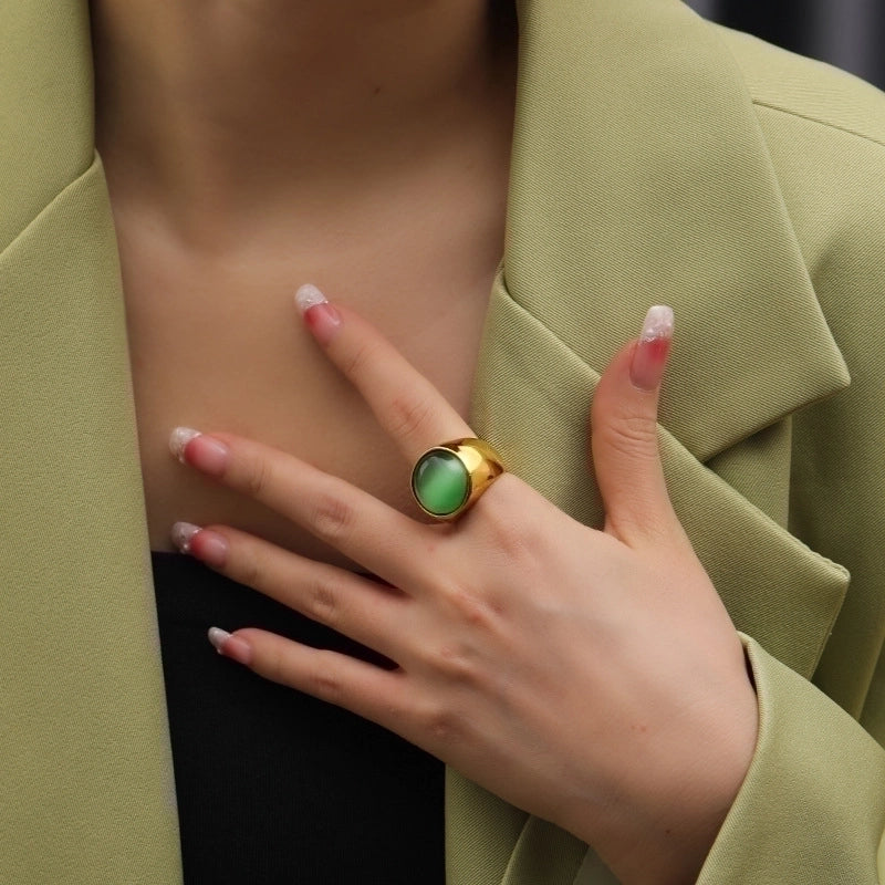 Vintage Style Minimalist Geometric Color Block Titanium Steel Plating Inlay Opal Rings