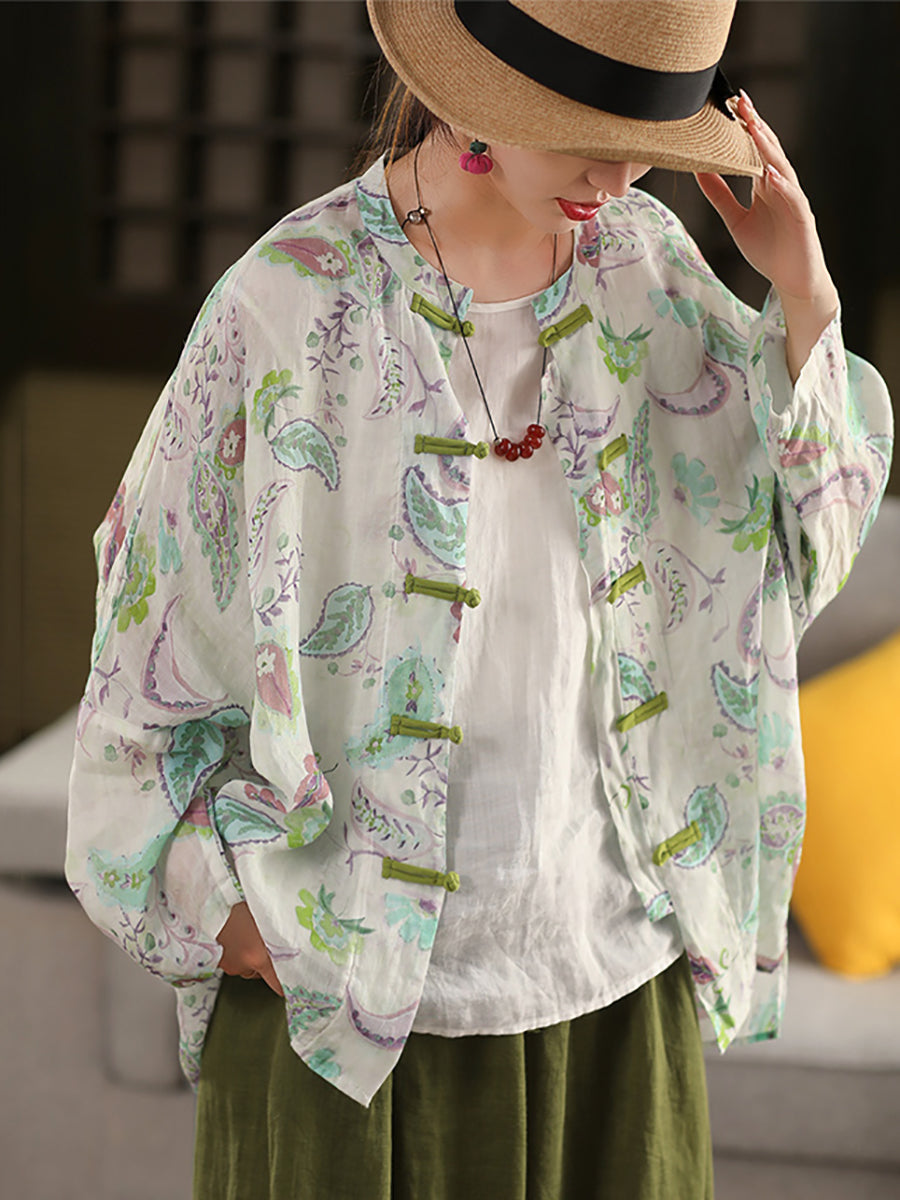 Women Summer Ethnic Flower Stand Collar 100%Raime Shirt