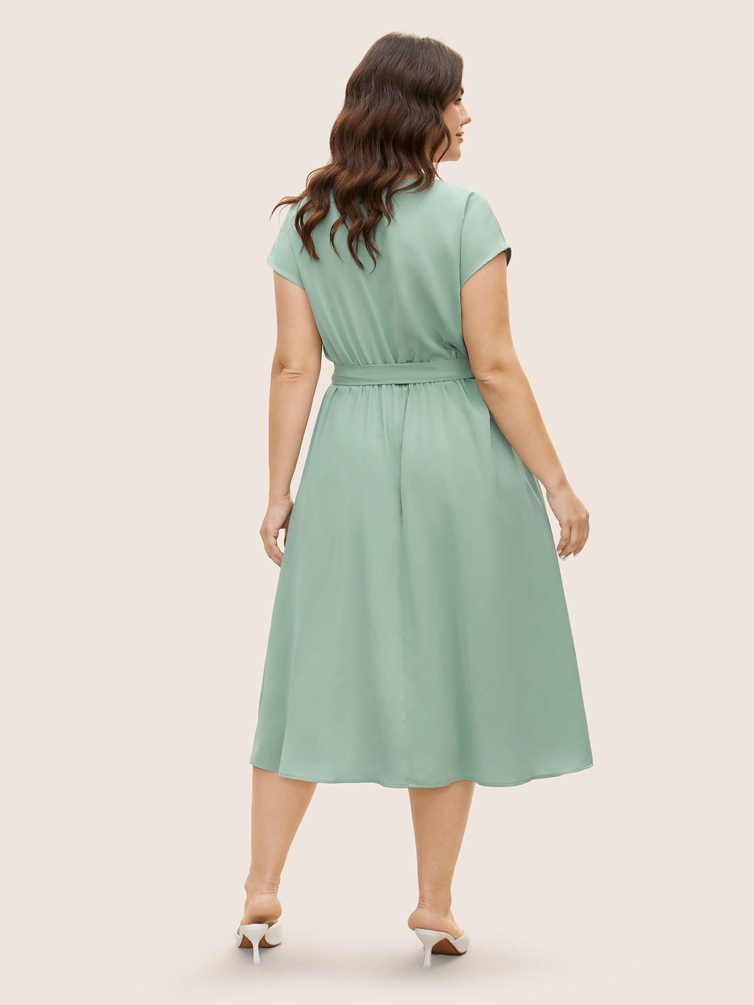 Plain Pleated Belted Cap Sleeve Dress