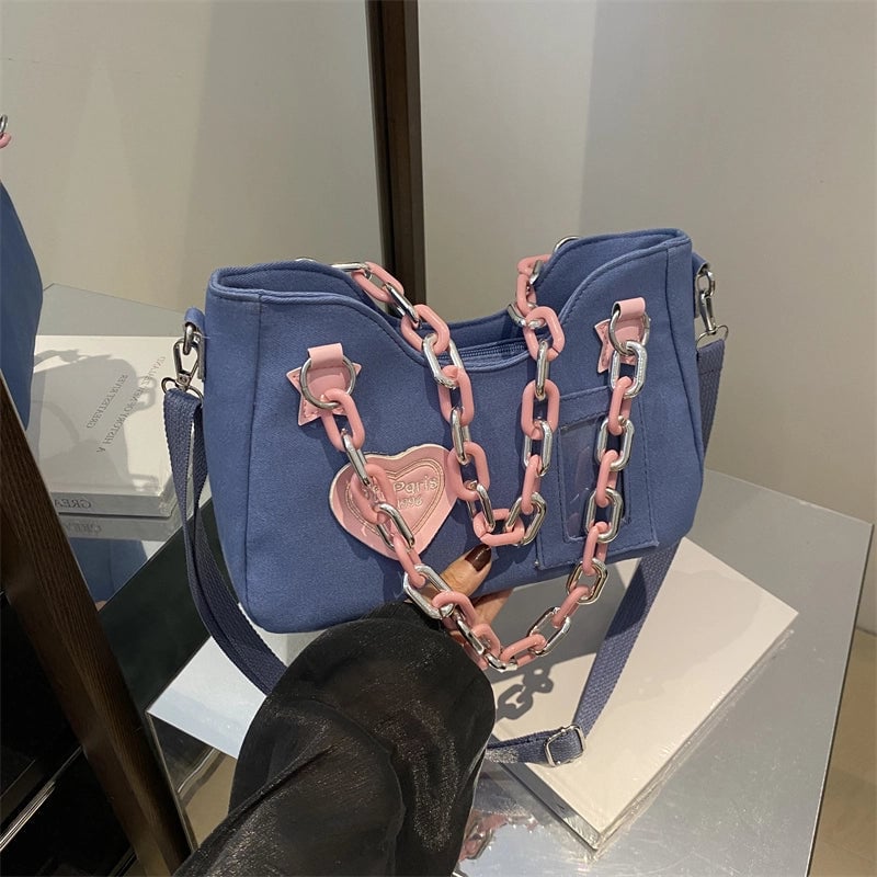3 Pieces Women'S Canvas Letter Color Block Heart Shape Streetwear Chain Square Zipper Shoulder Bag Crossbody Bag
