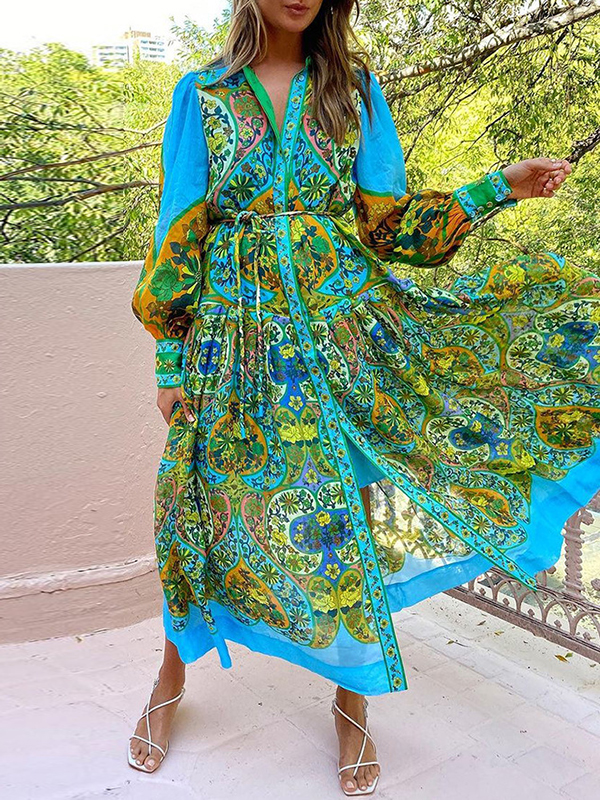 High Waisted Loose Puff Sleeves Belted Floral Printed Lapel Midi Dresses