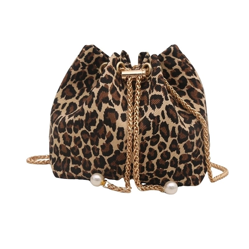 Women's Cloth Leopard Basic Vintage Style Bucket String Shoulder Bag Crossbody Bag