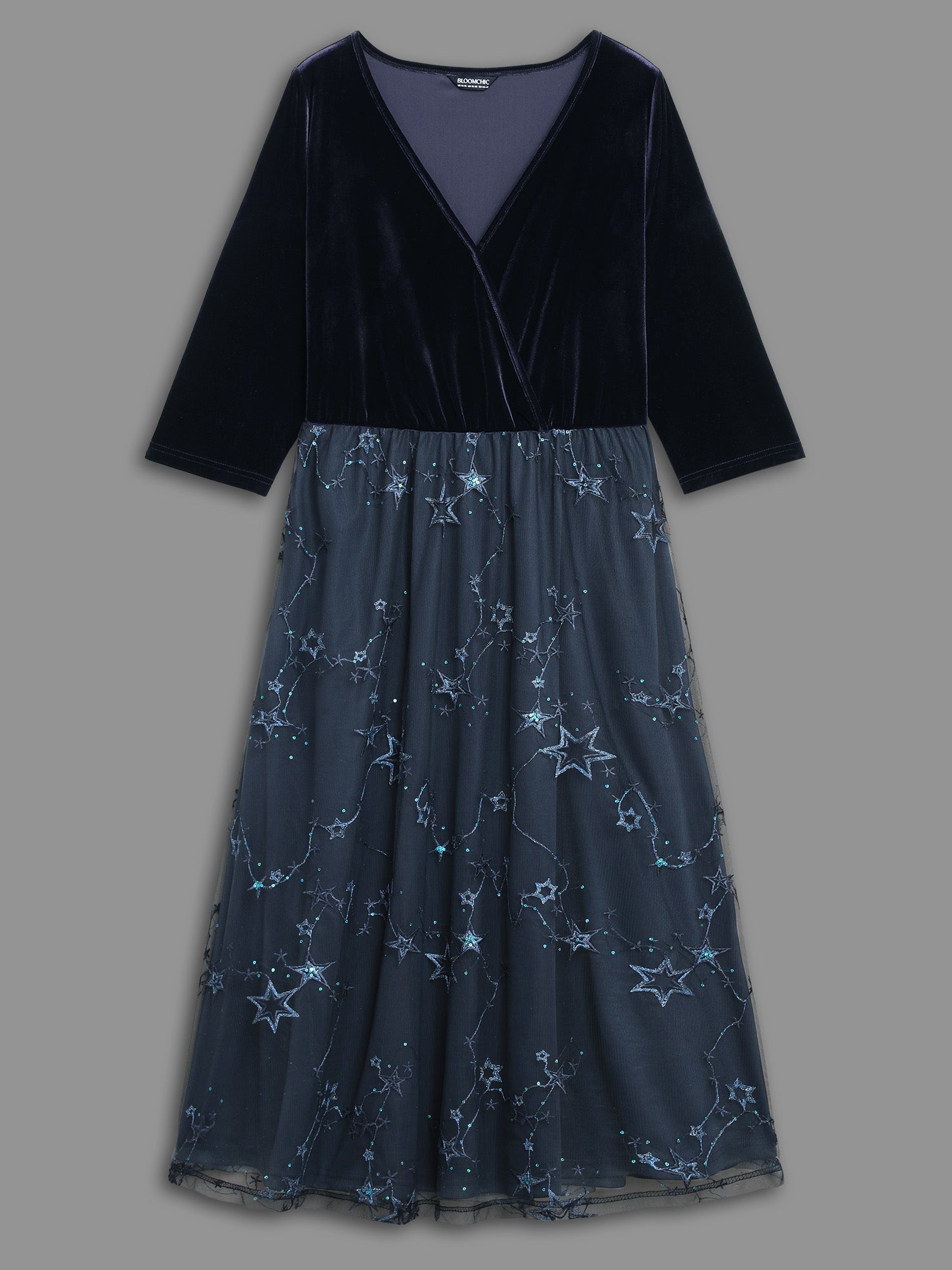 Velvet Star Mesh Surplice Neckline Midi Dress