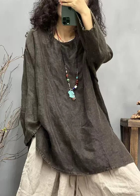 Loose Red O Neck Side Ppen Linen T Shirts Fall
