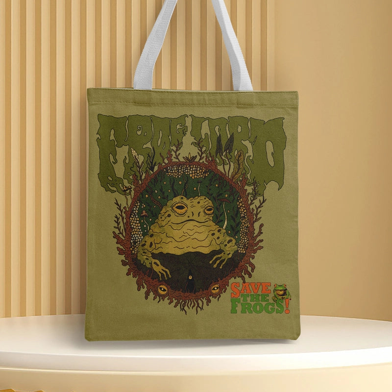 Women's Medium Canvas Frog Basic Classic Style Square Open Canvas Bag