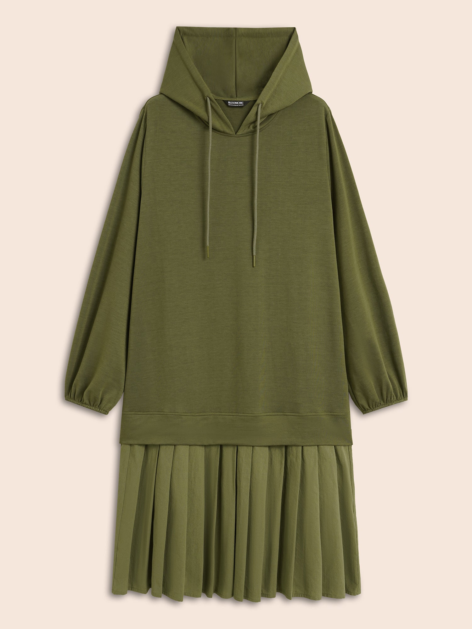 Patchwork Pleated Hooded Drawstring Dress
