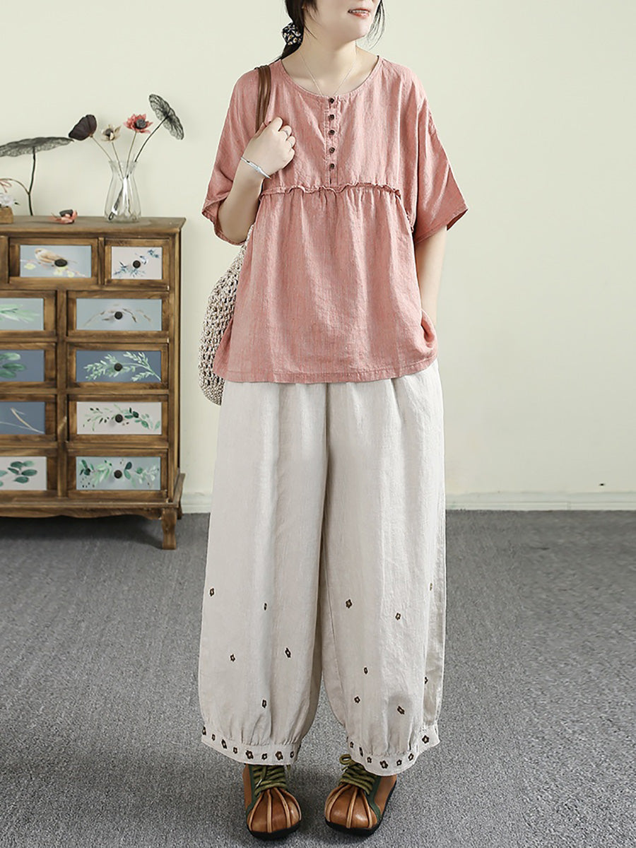 Women Summer Vintage Pure Color Spliced 100%Linen O-Neck Shirt