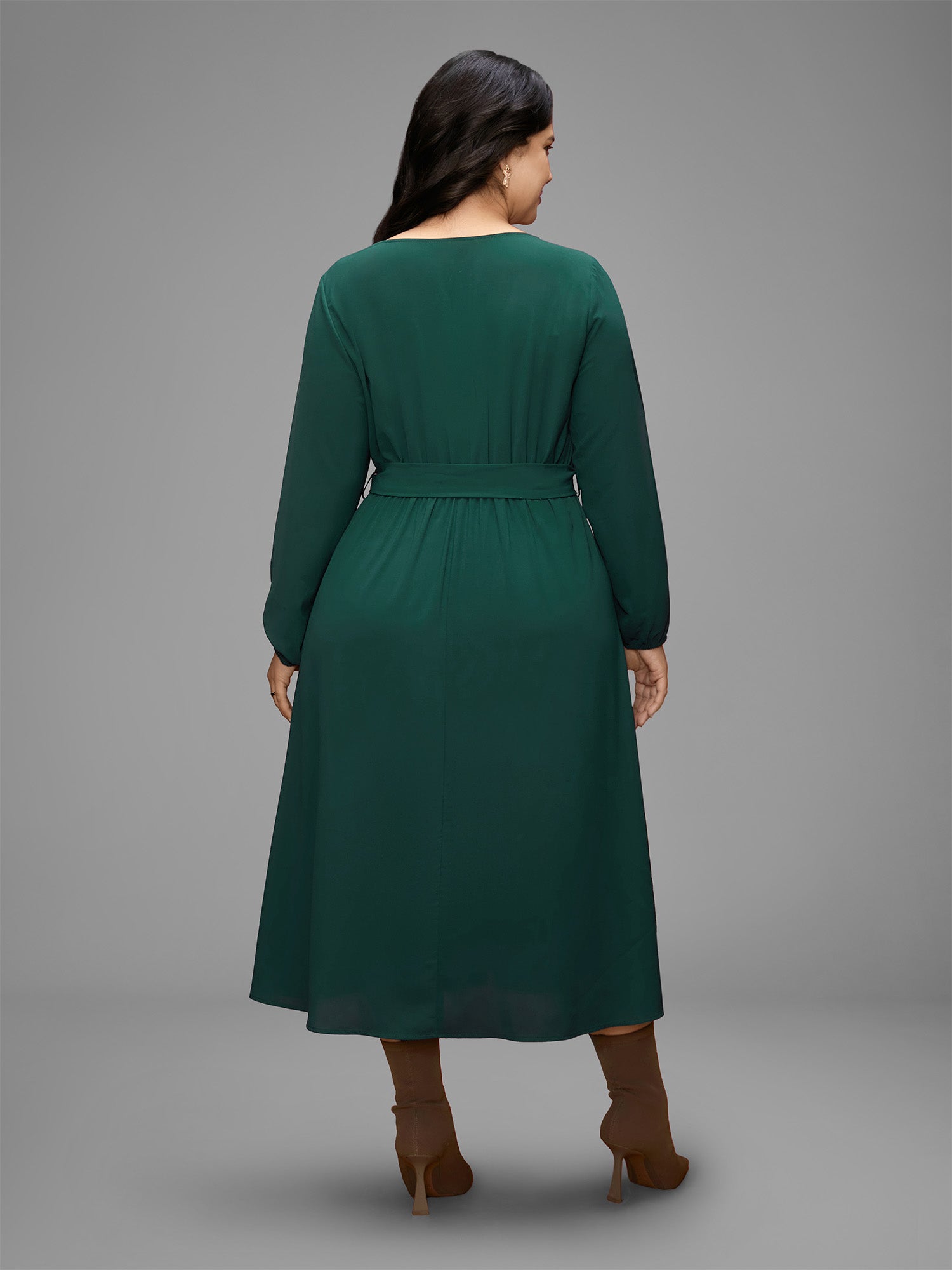 Asymmetrical Neckline Waist-Tie Midi Dress