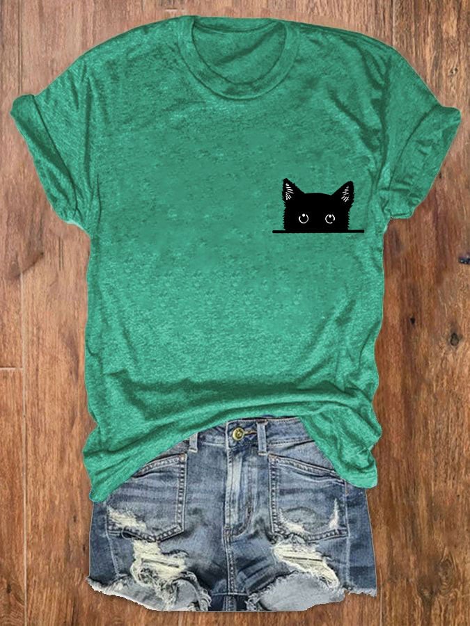 Women's Black Cat Print T-Shirt