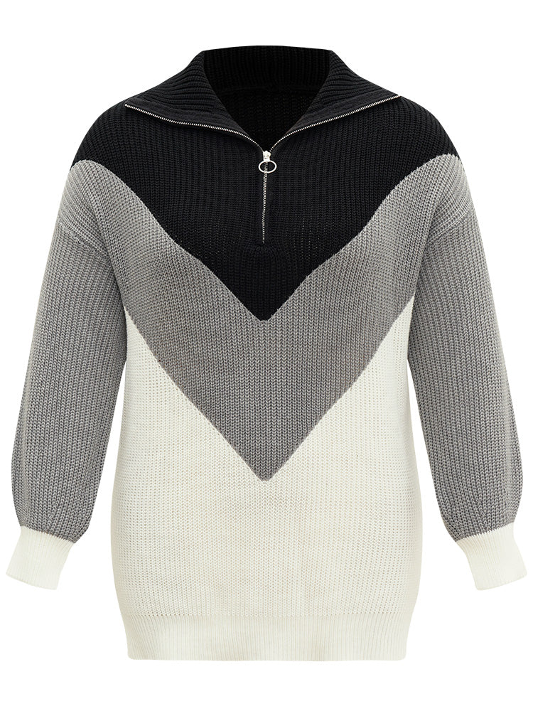 Colorblock Patchwork Zipper Lapel Collar Pullover