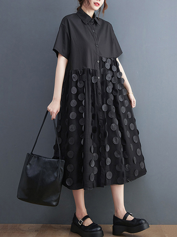 Original Casual Loose Polka-Dot Split-Joint Midi Shirt Dress