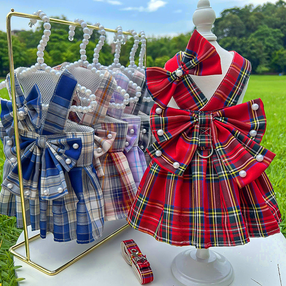 Pearl Decor Plaid Dog Harness Dress&Leash