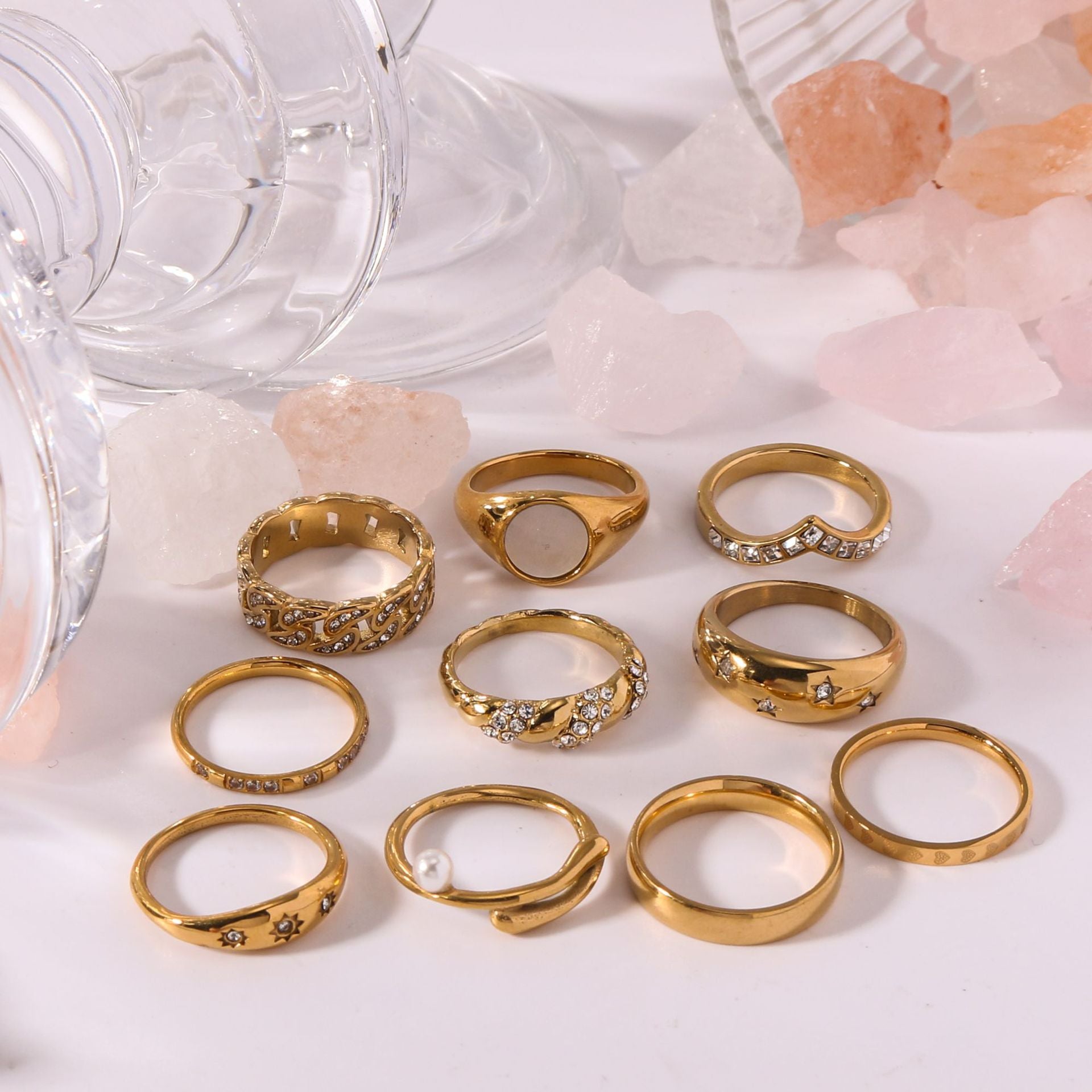 Popular Stainless Steel Diamond-Studded Sparkling Style Elegant Ladies Twist Texture Stacking