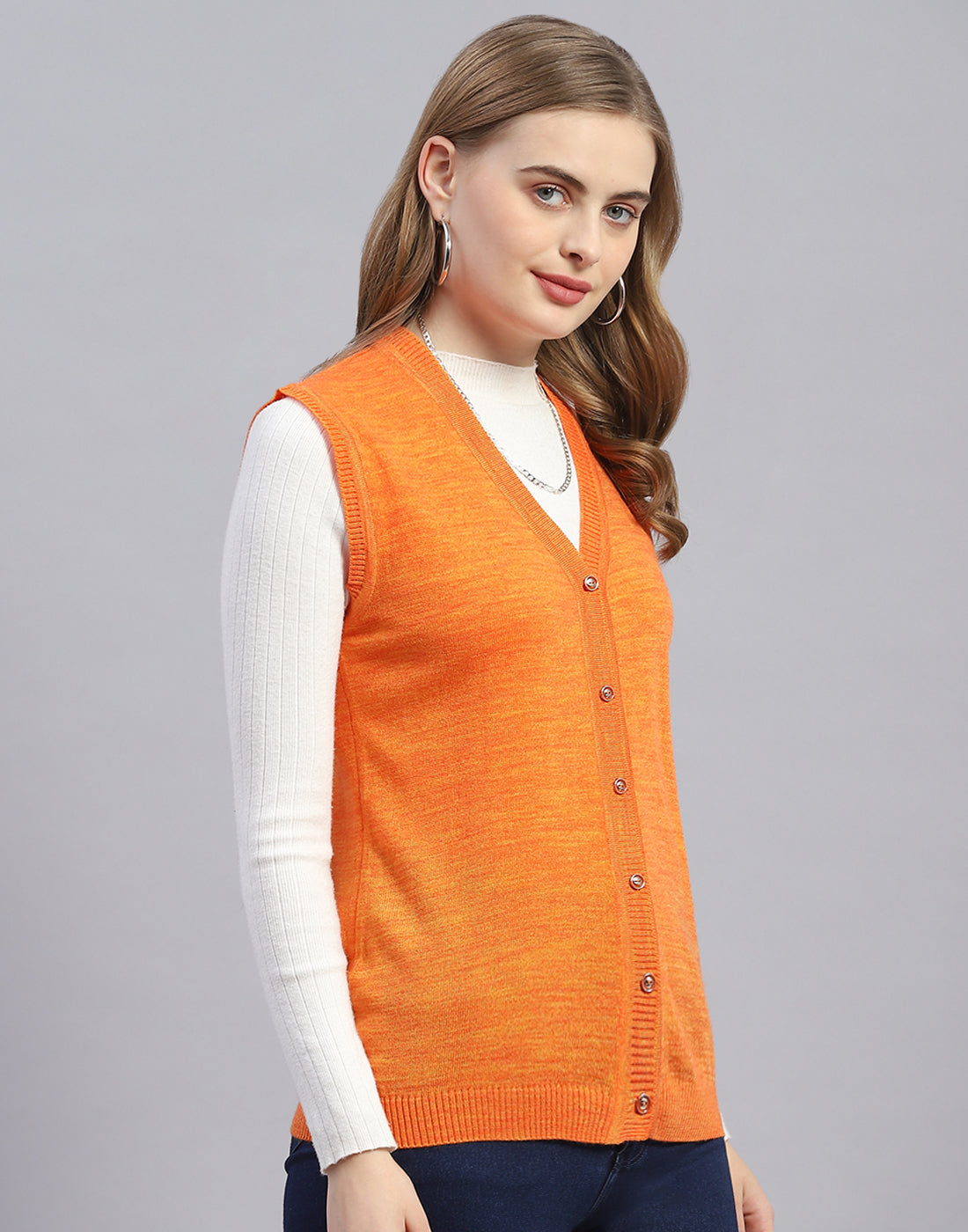 Women Orange Solid V Neck Sleeveless Cardigan