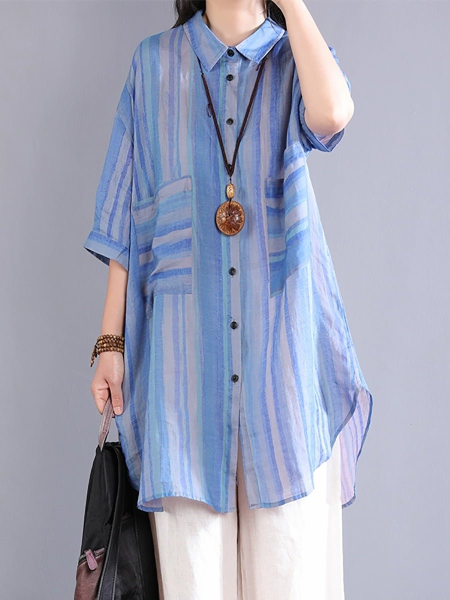 Women Summer Artsy Stripe Turn-down Collar 100%Ramie Shirt