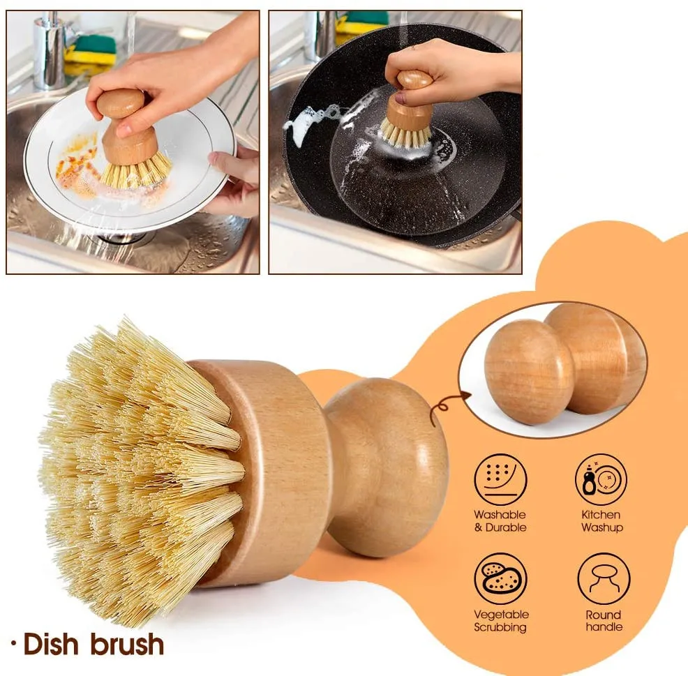 All Natural Coconut Fiber Compostable Sisal Bamboo Wood Kitchen Dish Brush Set Dish Cleaning Brush Pot Kitchen Scrub Brush Set