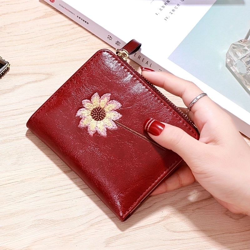 Women's Solid Color Flower Pu Leather Zipper Buckle Wallets