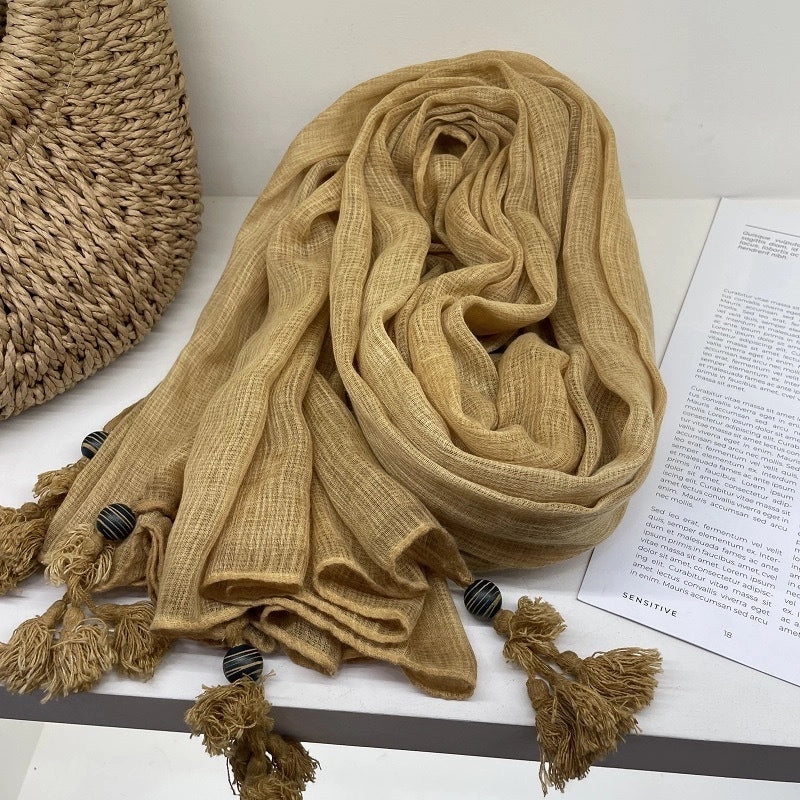 New High-end Ethnic Linen Wooden Beads Hanging Shawl Sunscreen Artistic Cotton And Linen Scarf Women