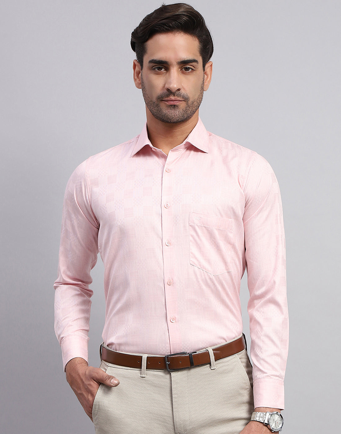 Men Pink Self Design Collar Full Sleeve Shirt