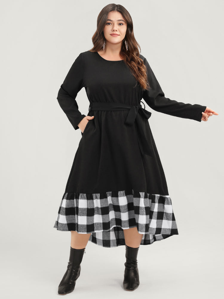 Plaid Patchwork Pocket Belted Asymmetrical Hem Dress
