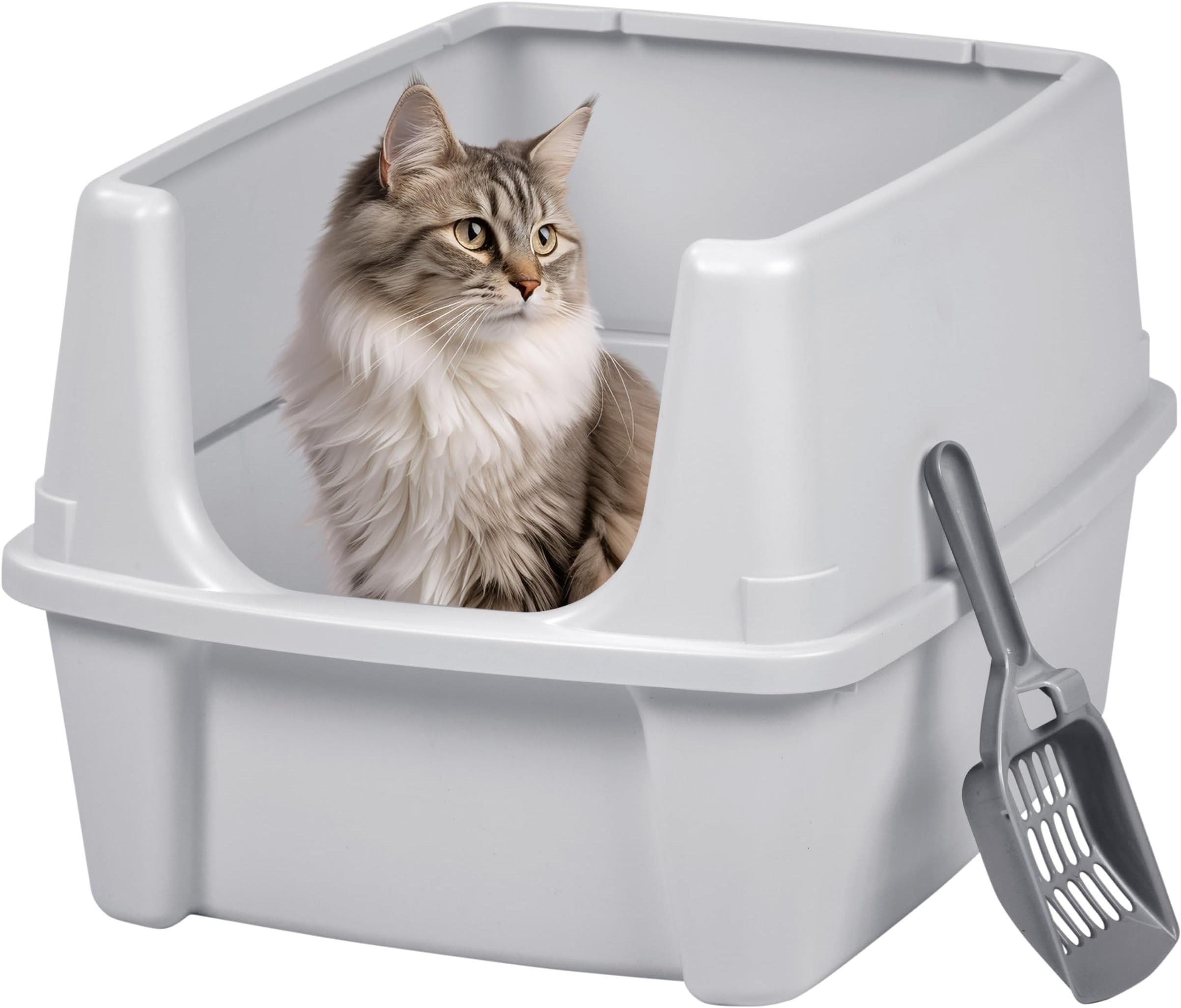IRIS USA Large Cat Litter Box with Scatter Shield and Scoop, Open Top High Sided Cat Litter Pan, Silver
