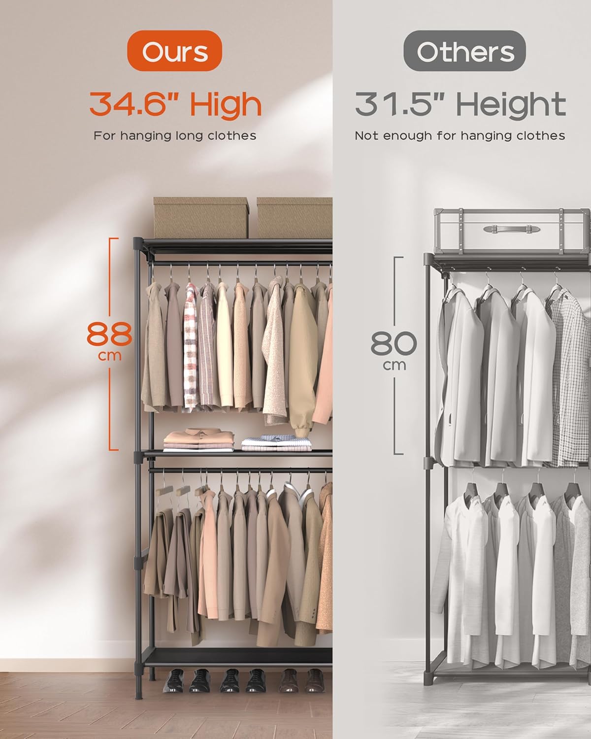 Clothes Rack, Portable Closet, 54.3 Inch Large Capacity Wardrobe Closet, Clothes Storage Organizer with Shelves and 3 Hanging Rods, Easy to Assembly, Black PCT022B01