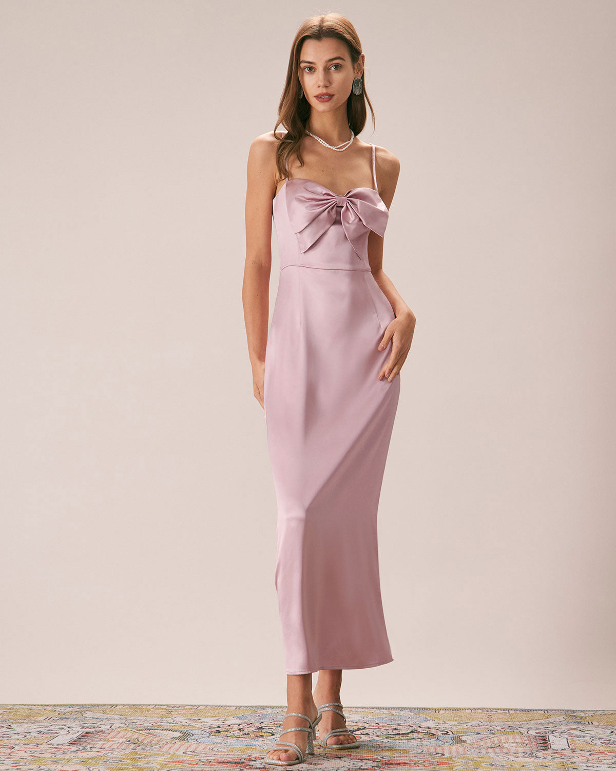 The Pink Bowknot Satin Strap Maxi Dress