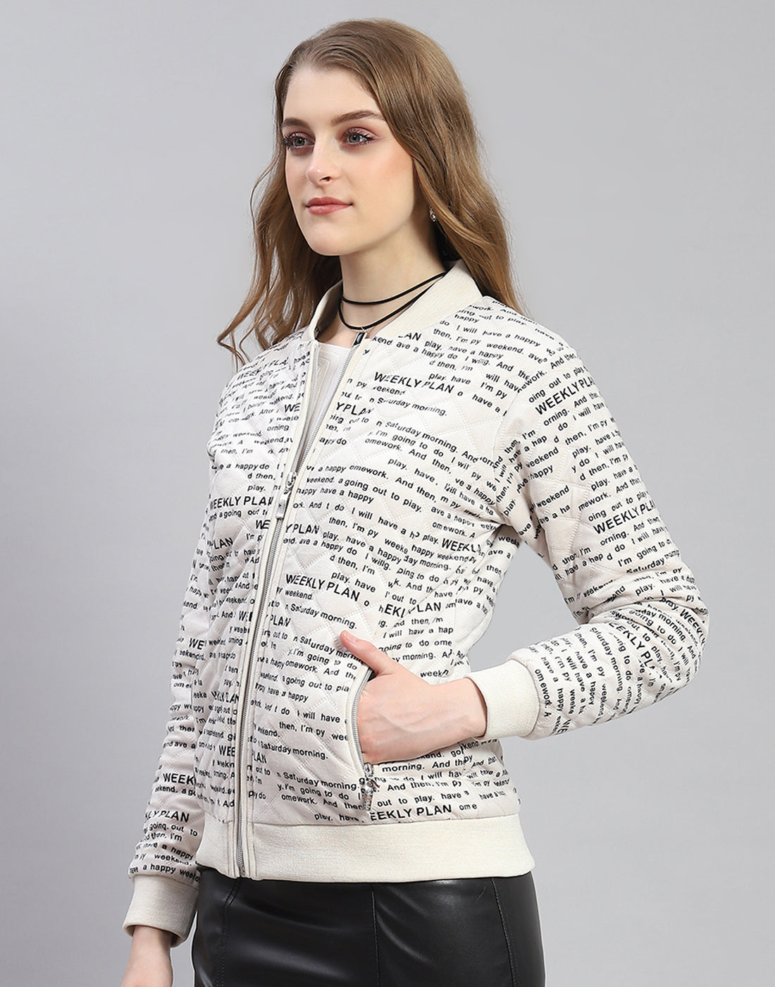 Women Off White Printed Mandarin Collar Full Sleeve Jacket