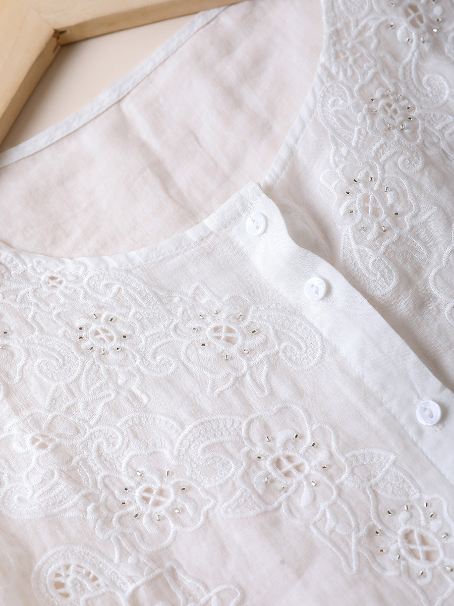 Women Summer Artsy Embroidery O-Neck 100%Ramie Shirt