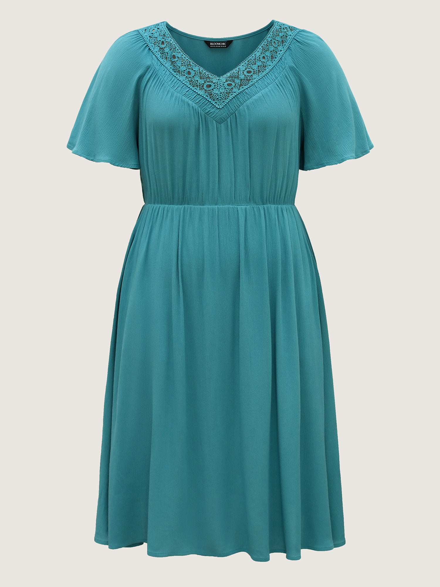 Lace Neck Flared Sleeve Midi Dress