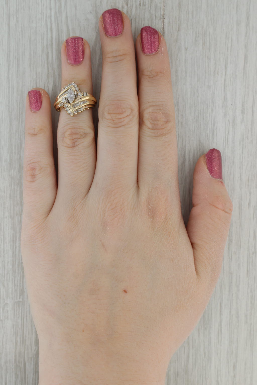 0.94ctw Marquise Diamond Bypass Engagement Ring 14k Yellow Gold Bridal Size 4.75