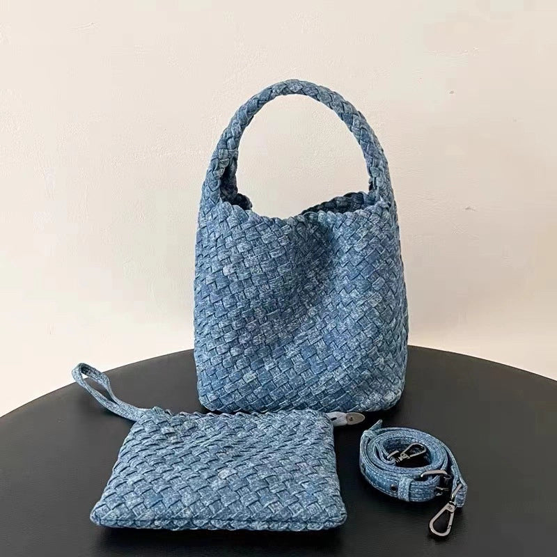 Women's Denim Solid Color Classic Style Weave Bucket Open Shoulder Bag
