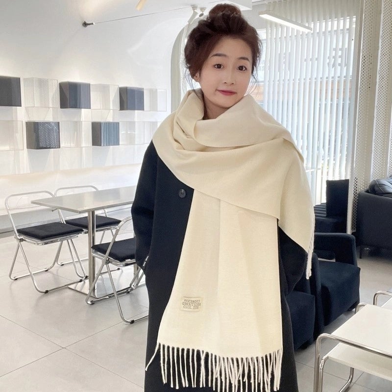 Solid Color Double-sided Tassel Scarf For Women Autumn And Winter New Warm Cashmere-like Scarf Thickened Student Shawl