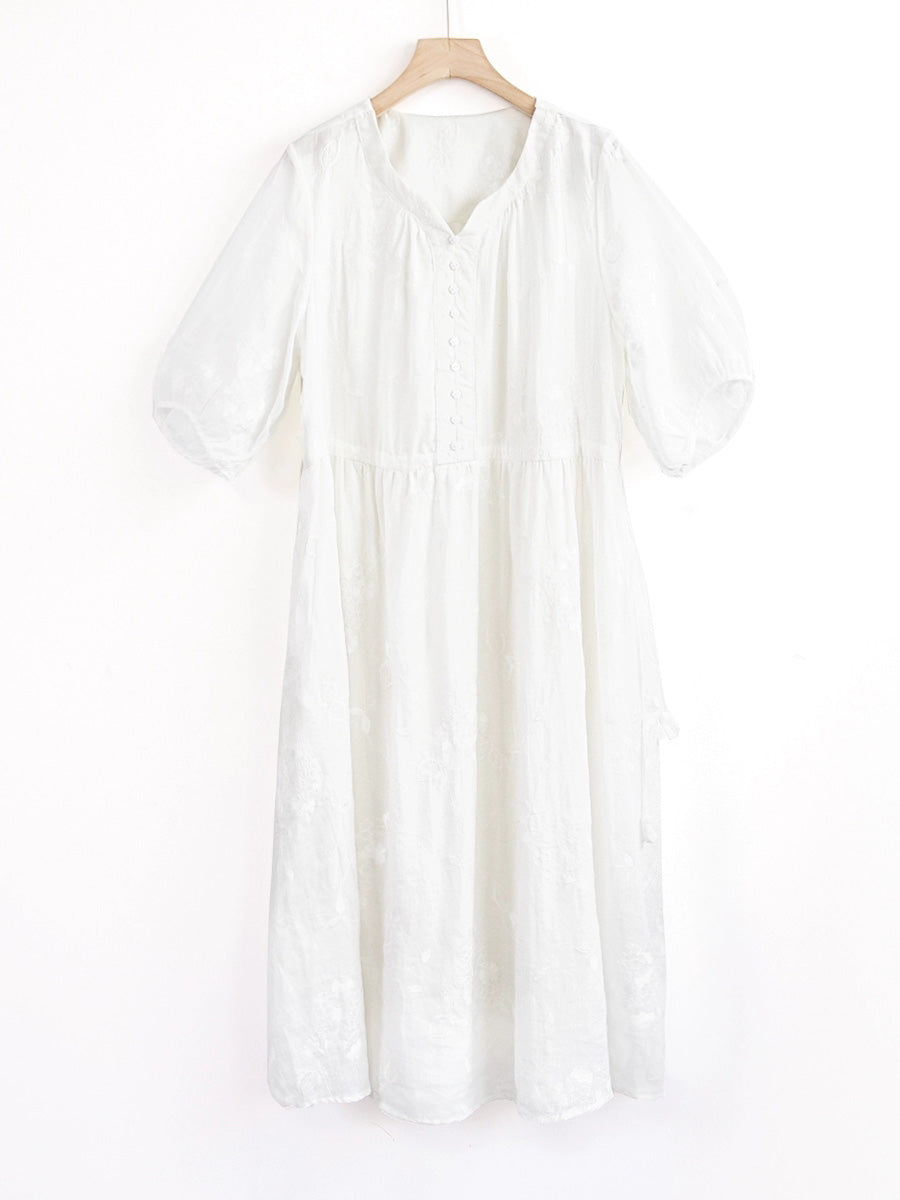 Women Summer Artsy Embroidery V-Neck 100%Ramie Dress