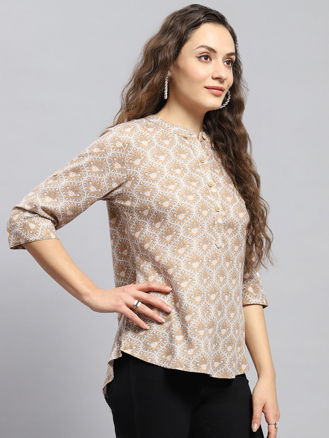 Women Beige Printed Band Collar 3/4 Sleeve Top