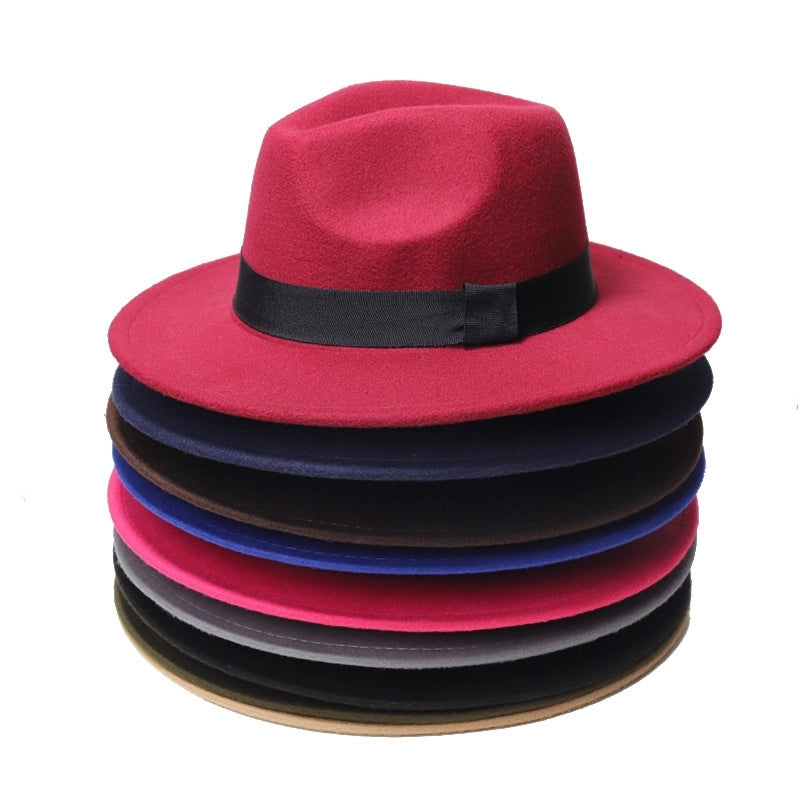Autumn And Winter New Square Ribbon Panama Top Hat British Style Flat Rim Jazz Hat Woolen Hat Men