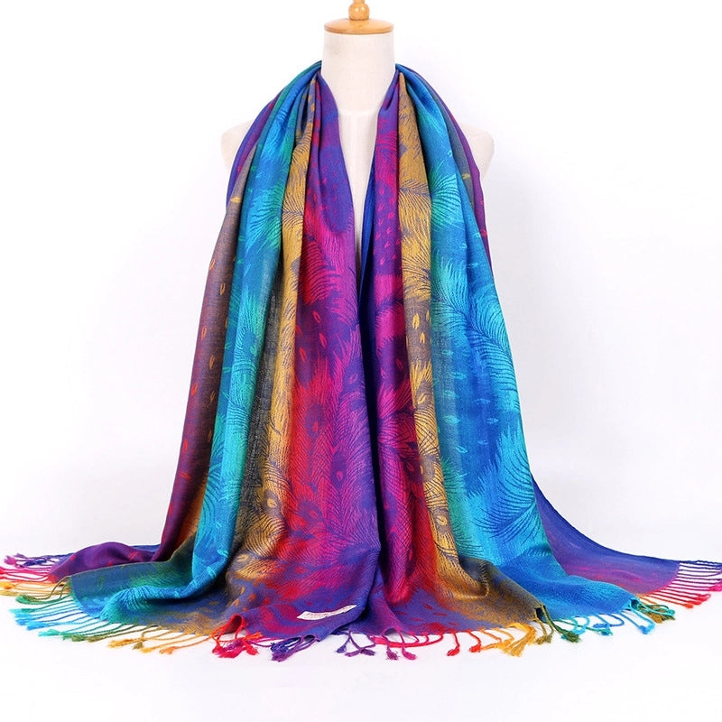 Ethnic Style Women's Vintage Jacquard Scarf Jacquard Cotton Feather Travel Spring And Autumn Long Shawl Warm Air Conditioning D01