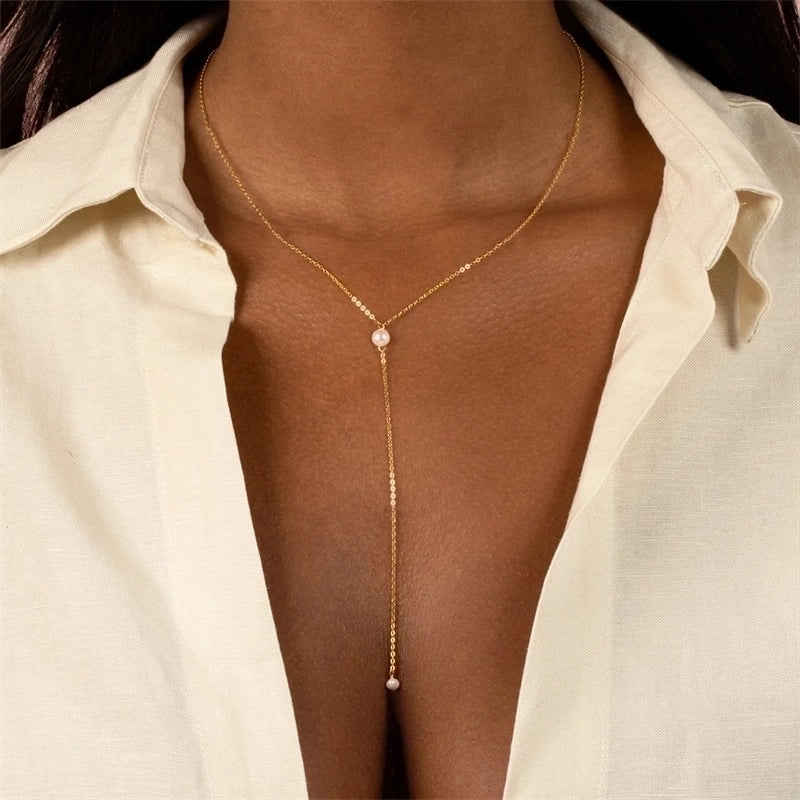 Stainless Steel 14K Gold Plated Fashion Pearl Solid Color Artificial Pearls Necklace