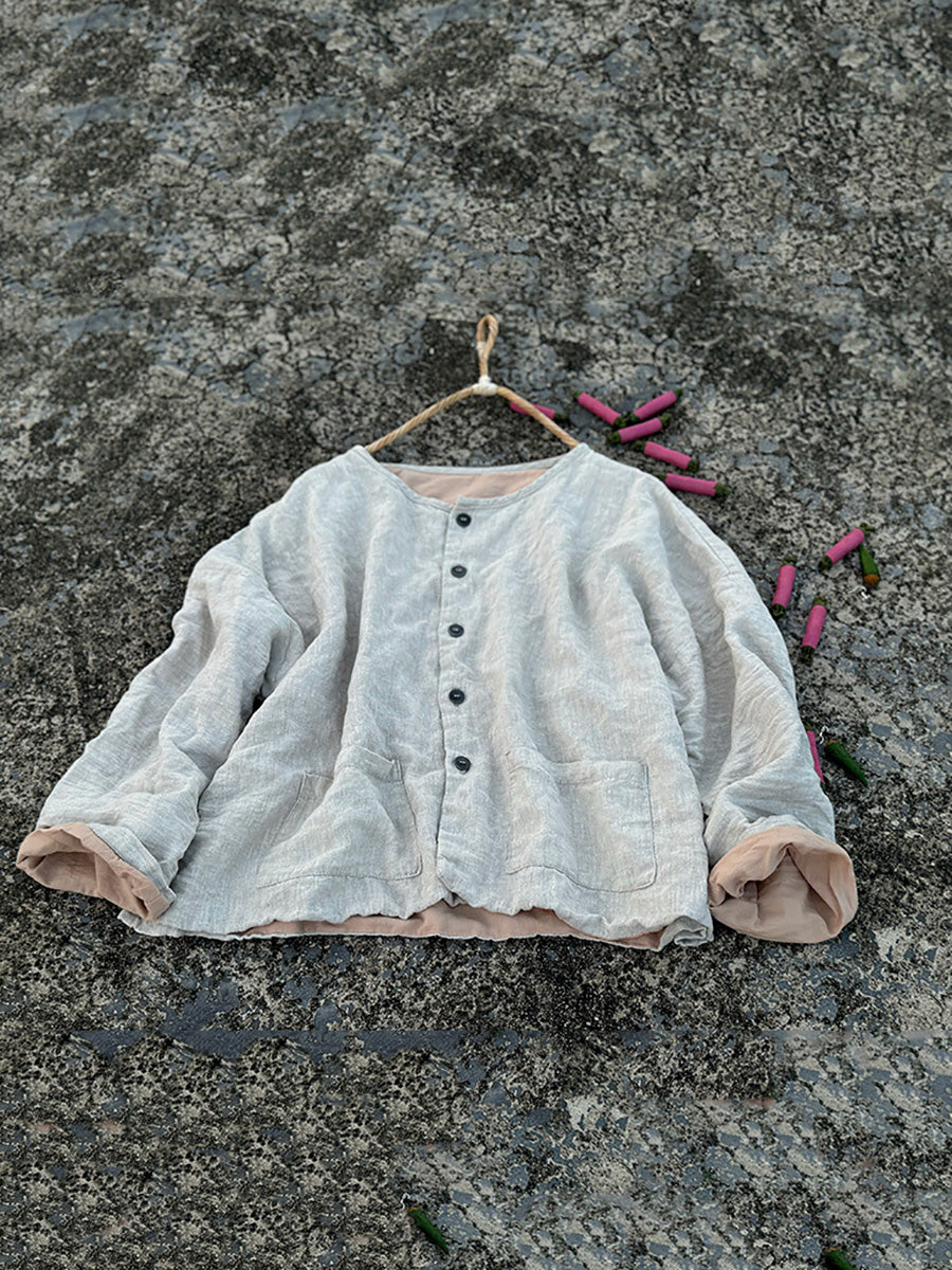 Women Vintage Autumn Pure Color O-Neck Shirt Coat