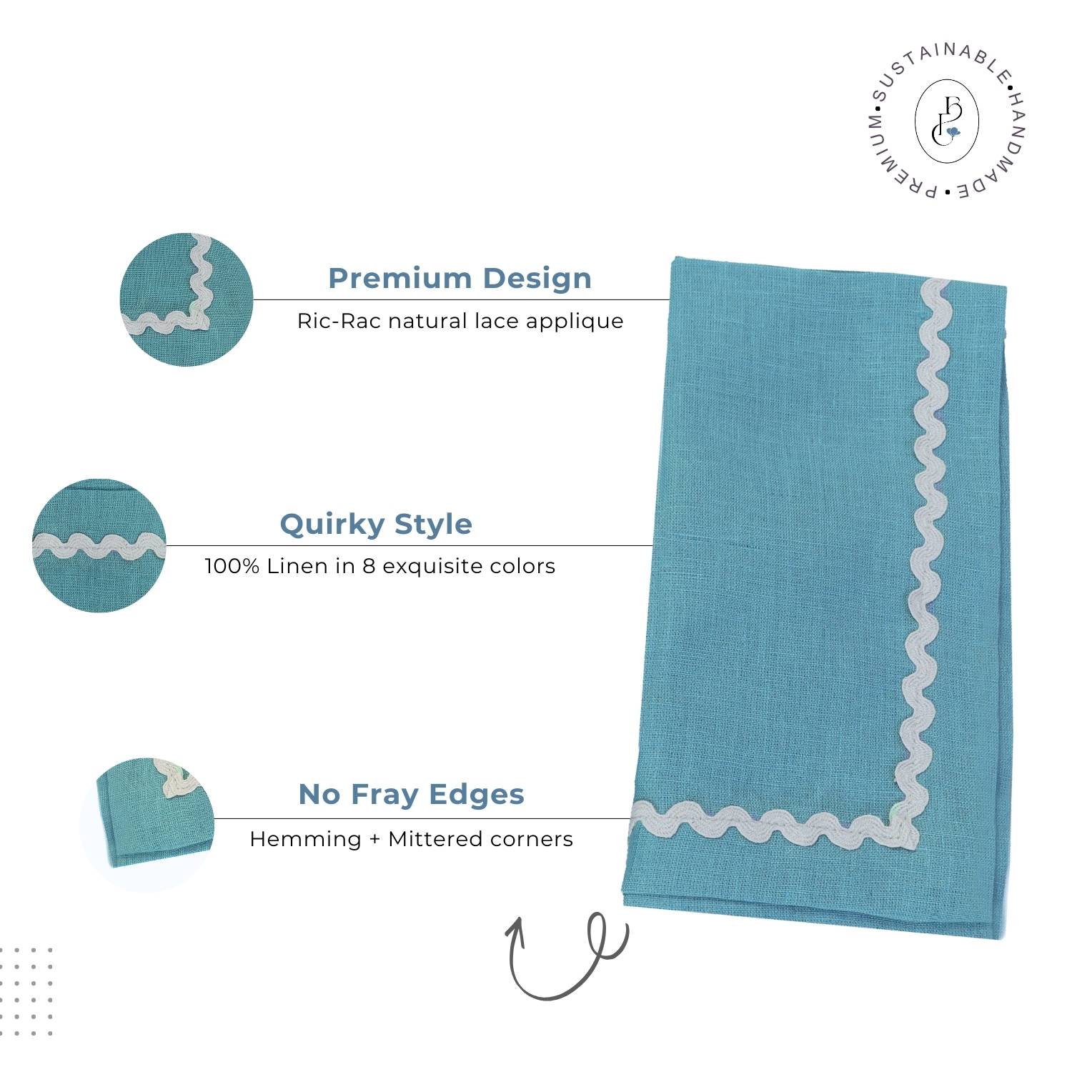 Dusty Blue Rick Rack Lace 100% Linen Napkins