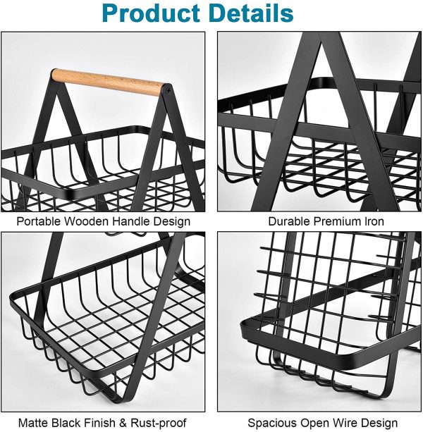 2-Tier Countertop Fruit Basket Storage. Vegetable Rack for Kitchen. Black