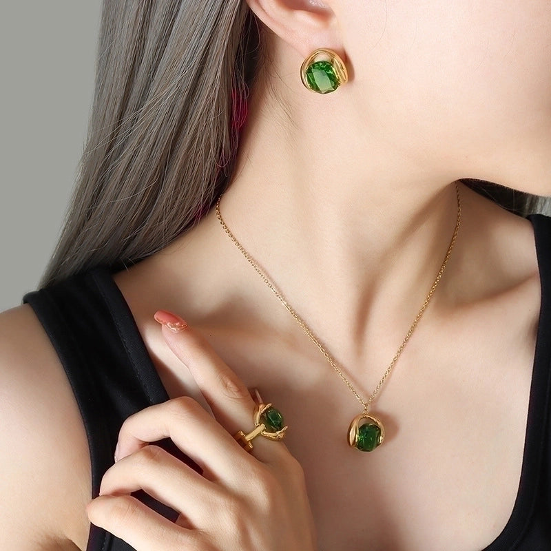 Fashion Square 304 Stainless Steel Artificial Crystal 18K Gold Plated Inlay Earrings Necklace