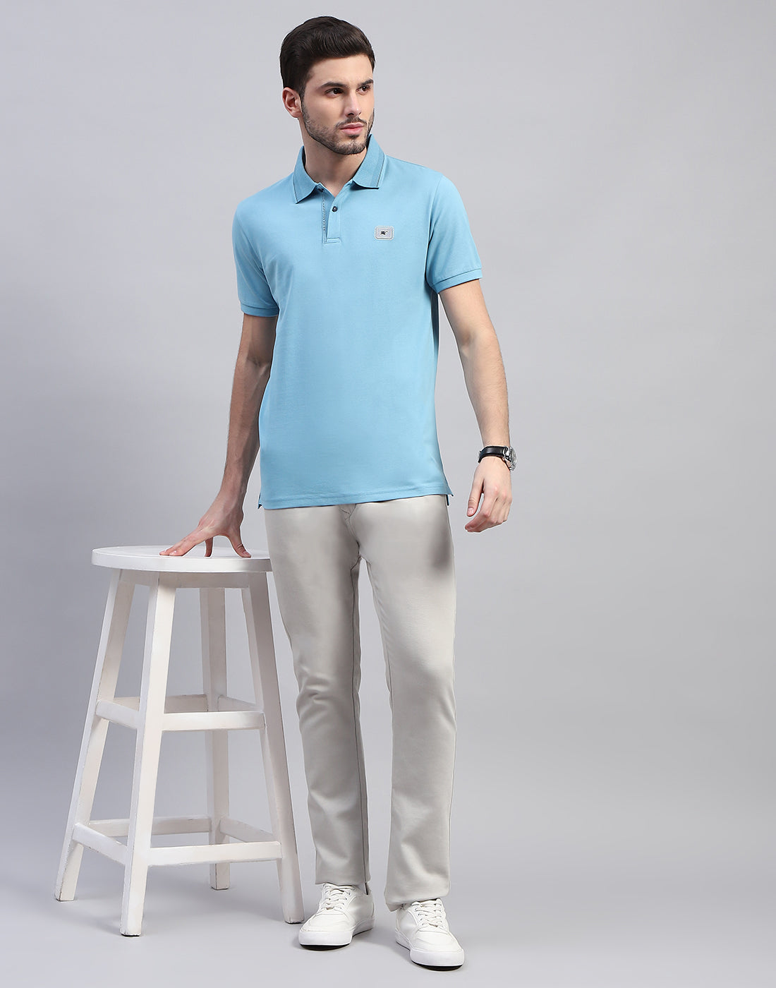 Men Sky Blue Solid Polo Collar Half Sleeve T-Shirt