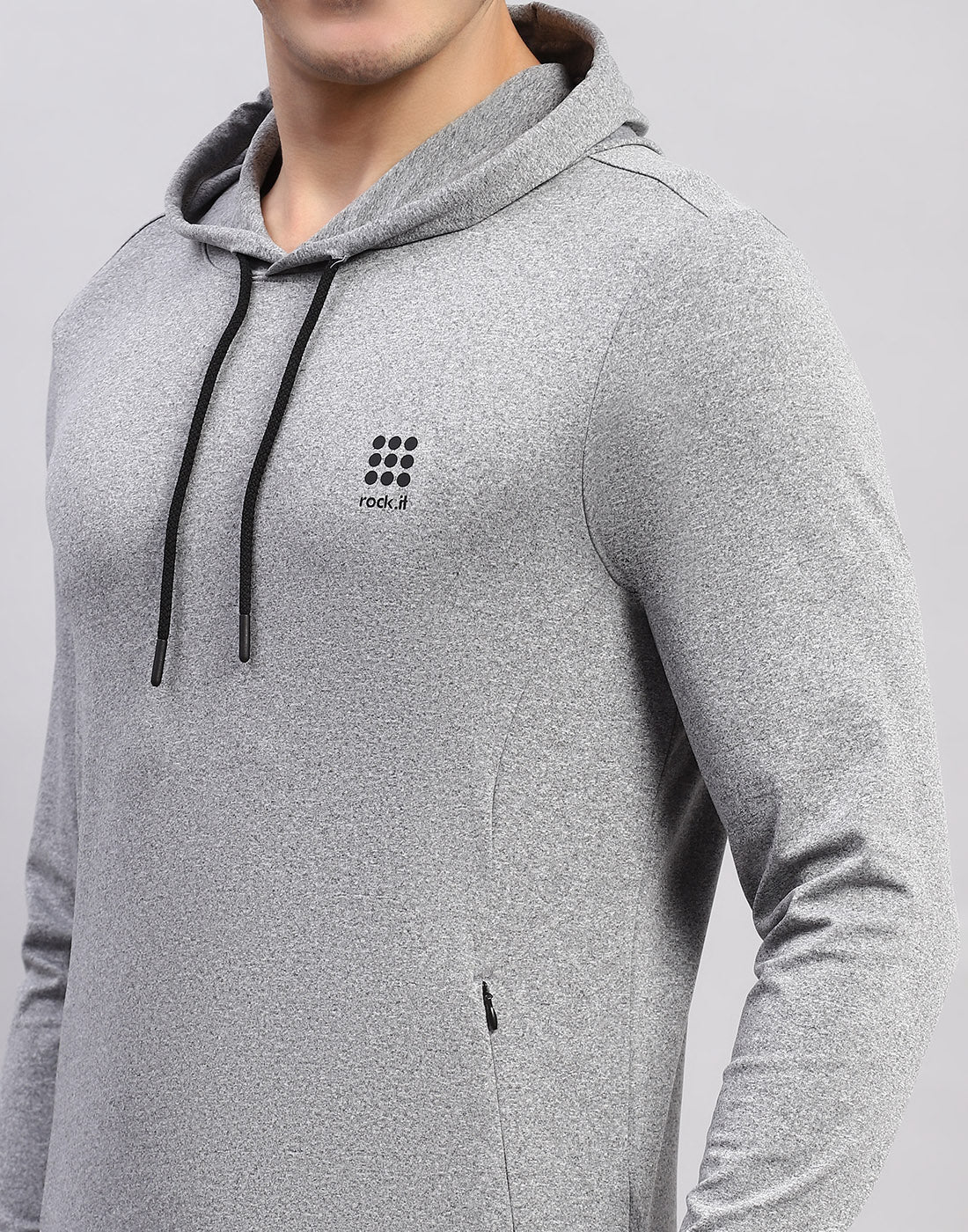 Men Grey Solid Hooded Full Sleeve T-Shirt