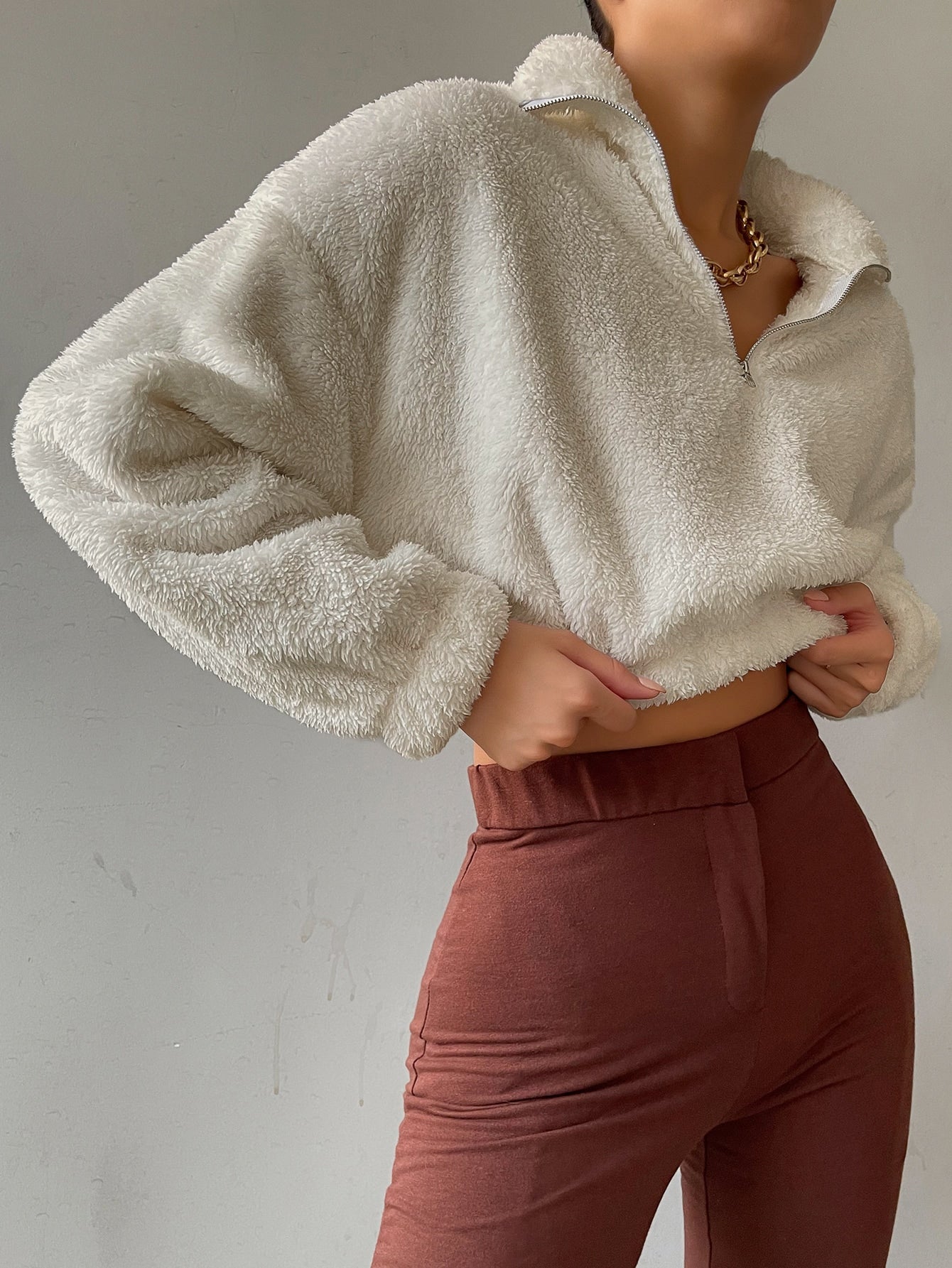Half Zip Drop Shoulder Teddy Sweatshirt