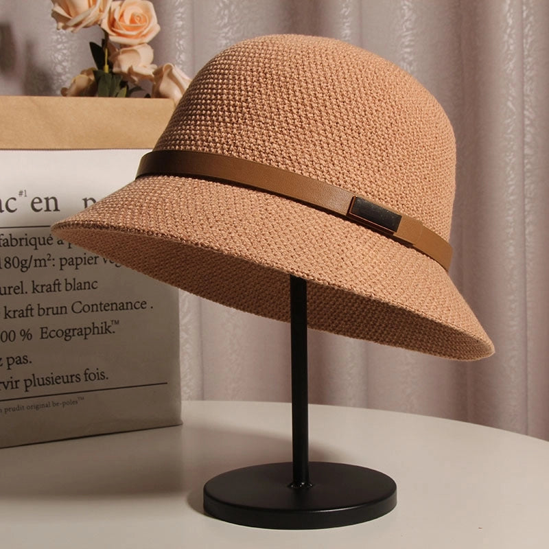 Korean Style Cotton And Linen Knitted Belt Buckle Fisherman Hat Female British Versatile Fashion Sun Protection Basin Hat Simple Top Hat Fashion