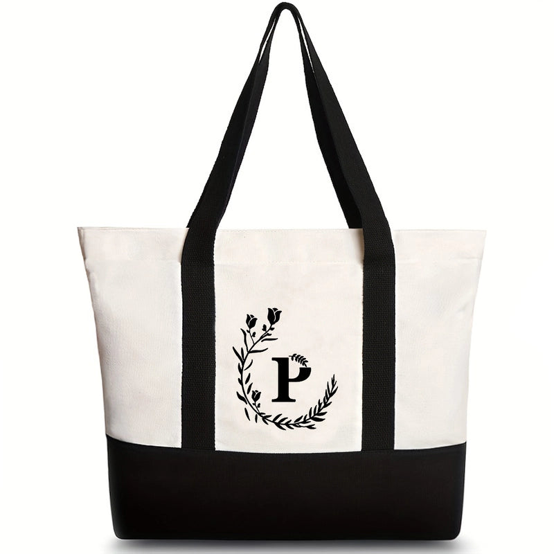 Women's Medium Canvas Letter Flower Classic Style Square Zipper Shoulder Bag